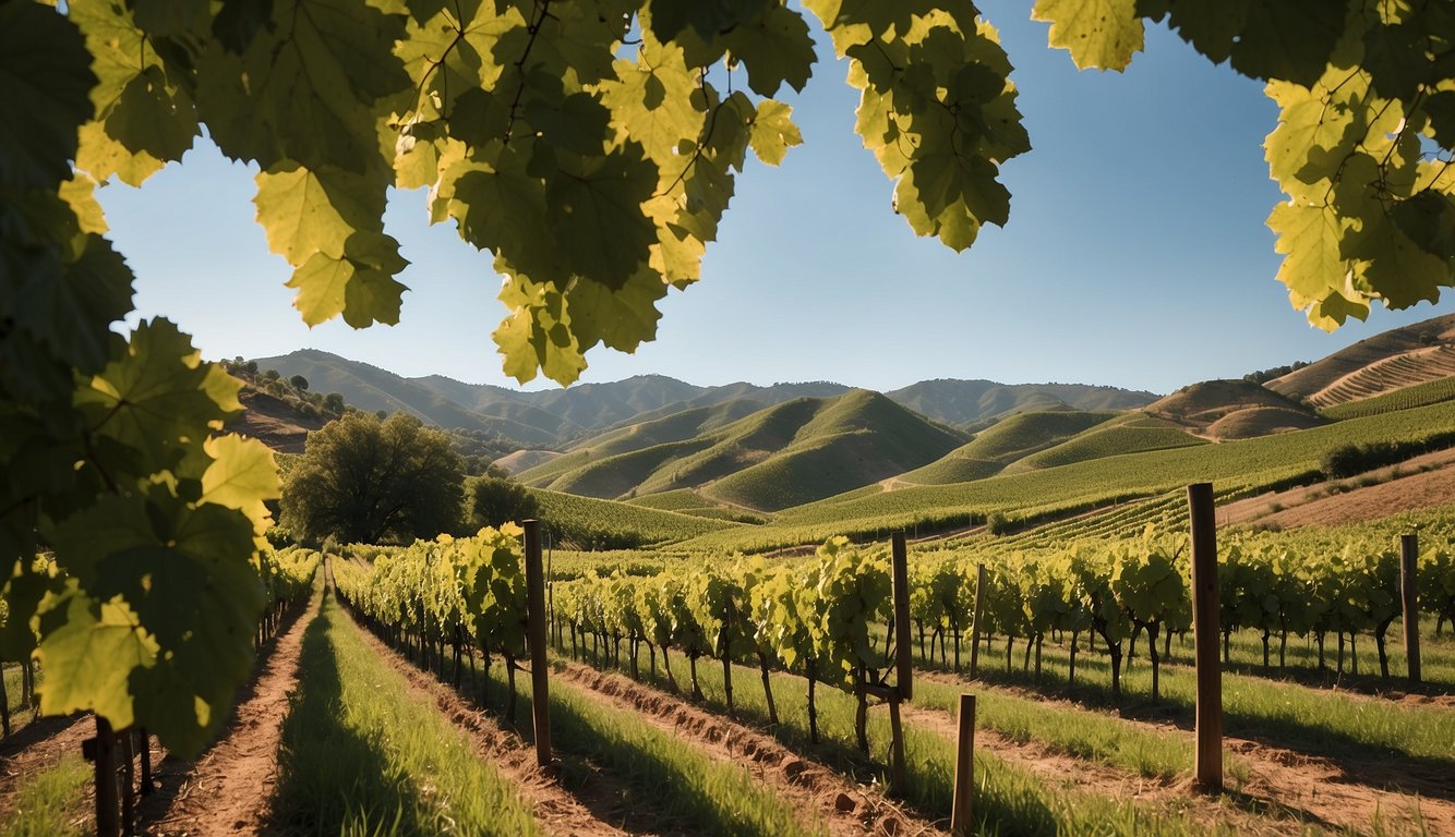 Lush green vineyards stretch across rolling hills, with neat rows of grapevines leading to a rustic winery nestled among the trees. A serene pond reflects the blue sky, adding to the picturesque setting