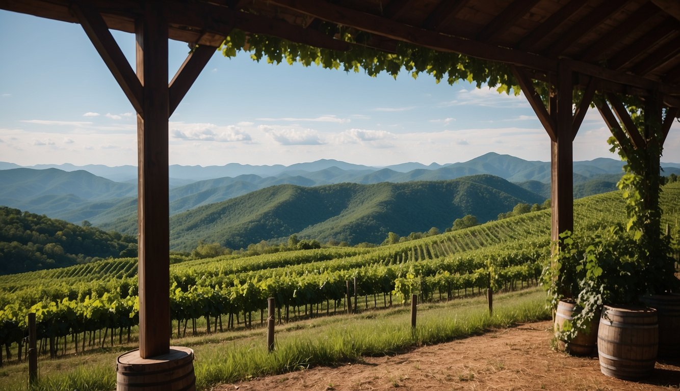 Lush green vineyards spread across rolling hills at Silver Fork Winery, with a backdrop of the Blue Ridge Mountains in North Carolina