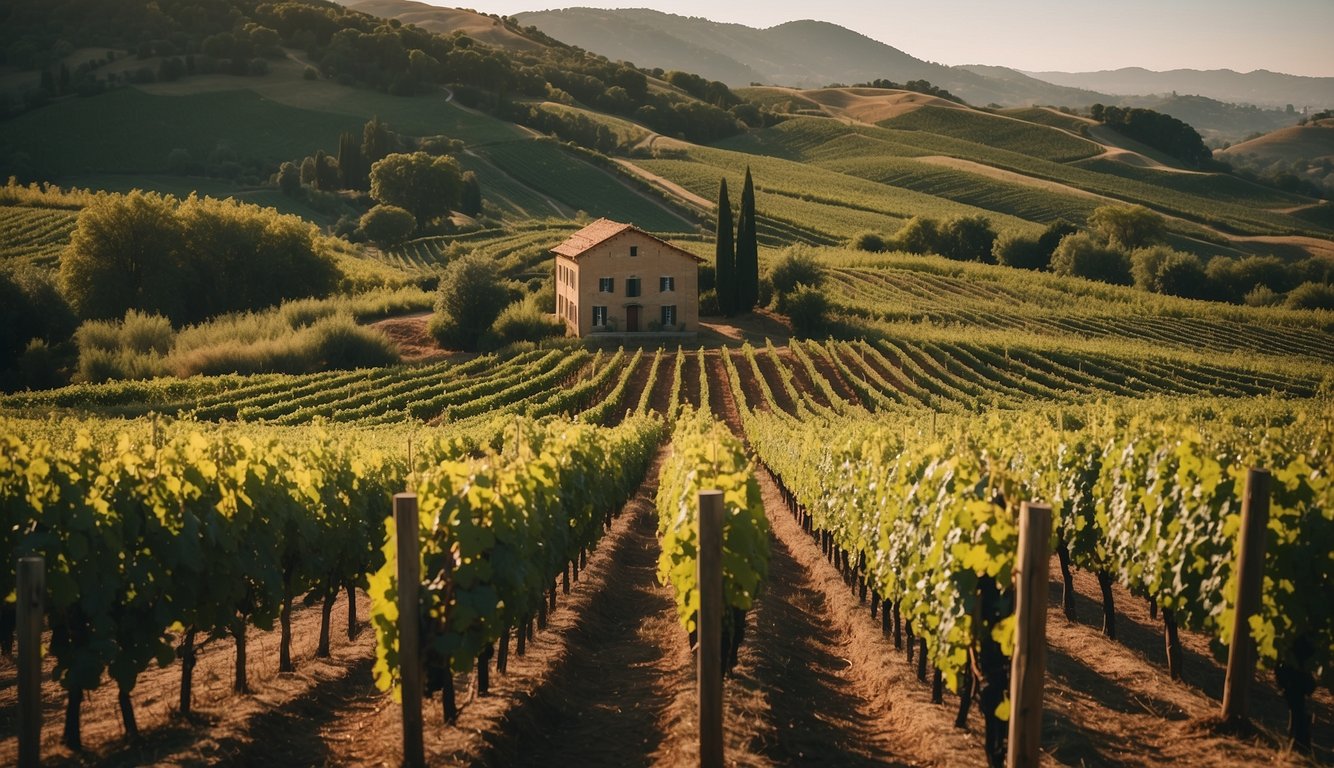 Lush vineyard landscape with rolling hills, neat rows of grapevines, and a charming winery building nestled among the greenery