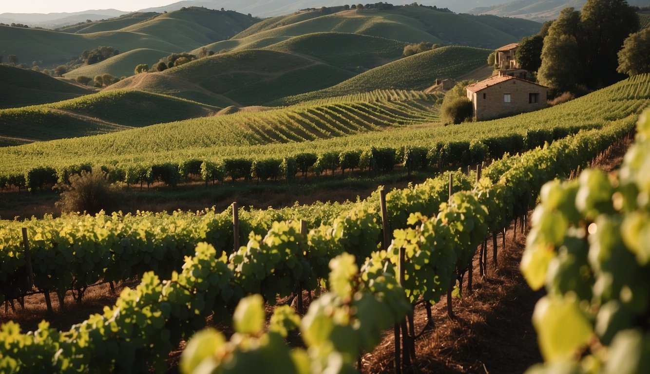 Vineyards sprawl across rolling hills, each showcasing a variety of grapes. Lush green vines and colorful clusters create a picturesque scene