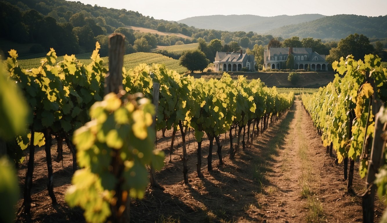 Lush vineyard with rolling hills, rows of grapevines, and a charming winery building nestled in the North Carolina countryside