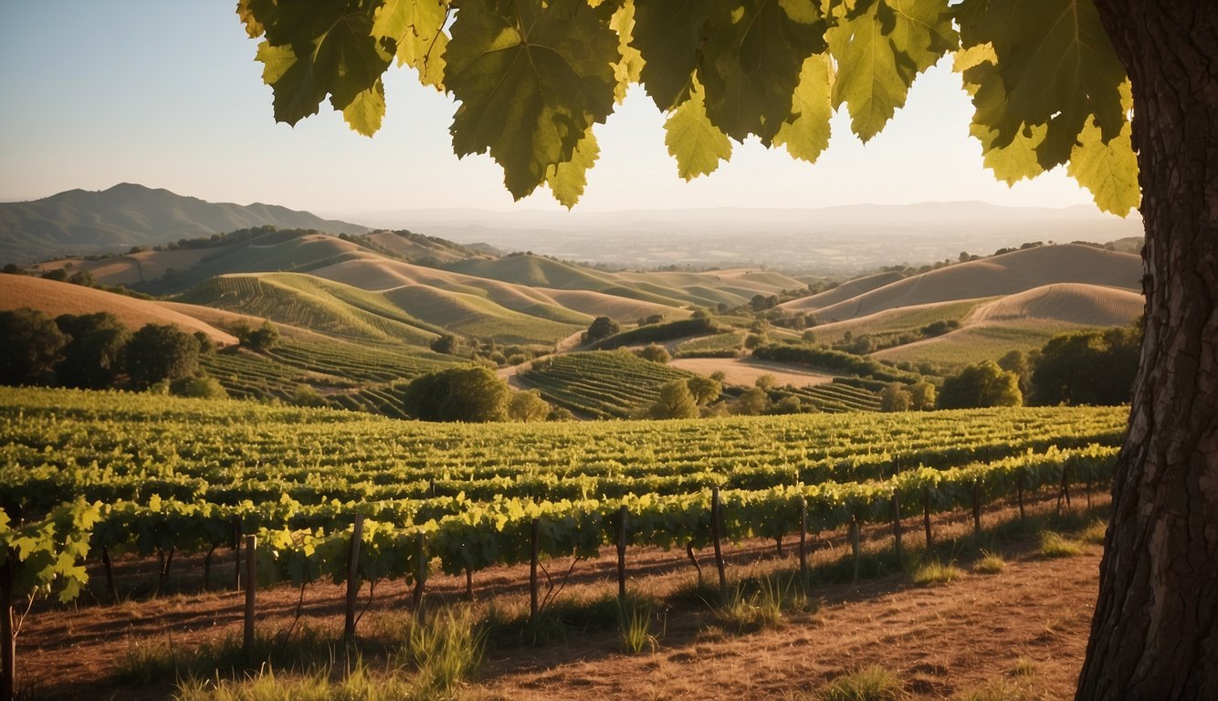 Rolling hills with lush green vineyards, basking in the warm sunlight. Rich, fertile soil nurtures the thriving grapevines, while a gentle breeze carries the sweet scent of ripening fruit