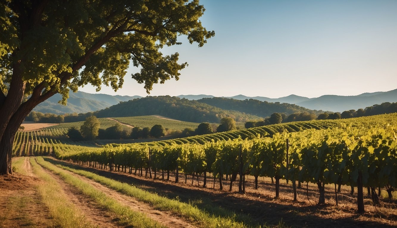 Rolling hills of vineyards in North Carolina, with rows of grapevines stretching into the distance. A historic winery stands in the background, surrounded by lush greenery and a clear blue sky overhead