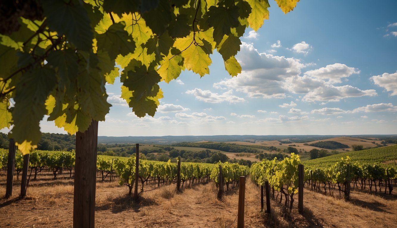 Rolling hills of Oklahoma vineyards, rows of lush grapevines, and a backdrop of blue skies. A rustic winery nestled among the vines