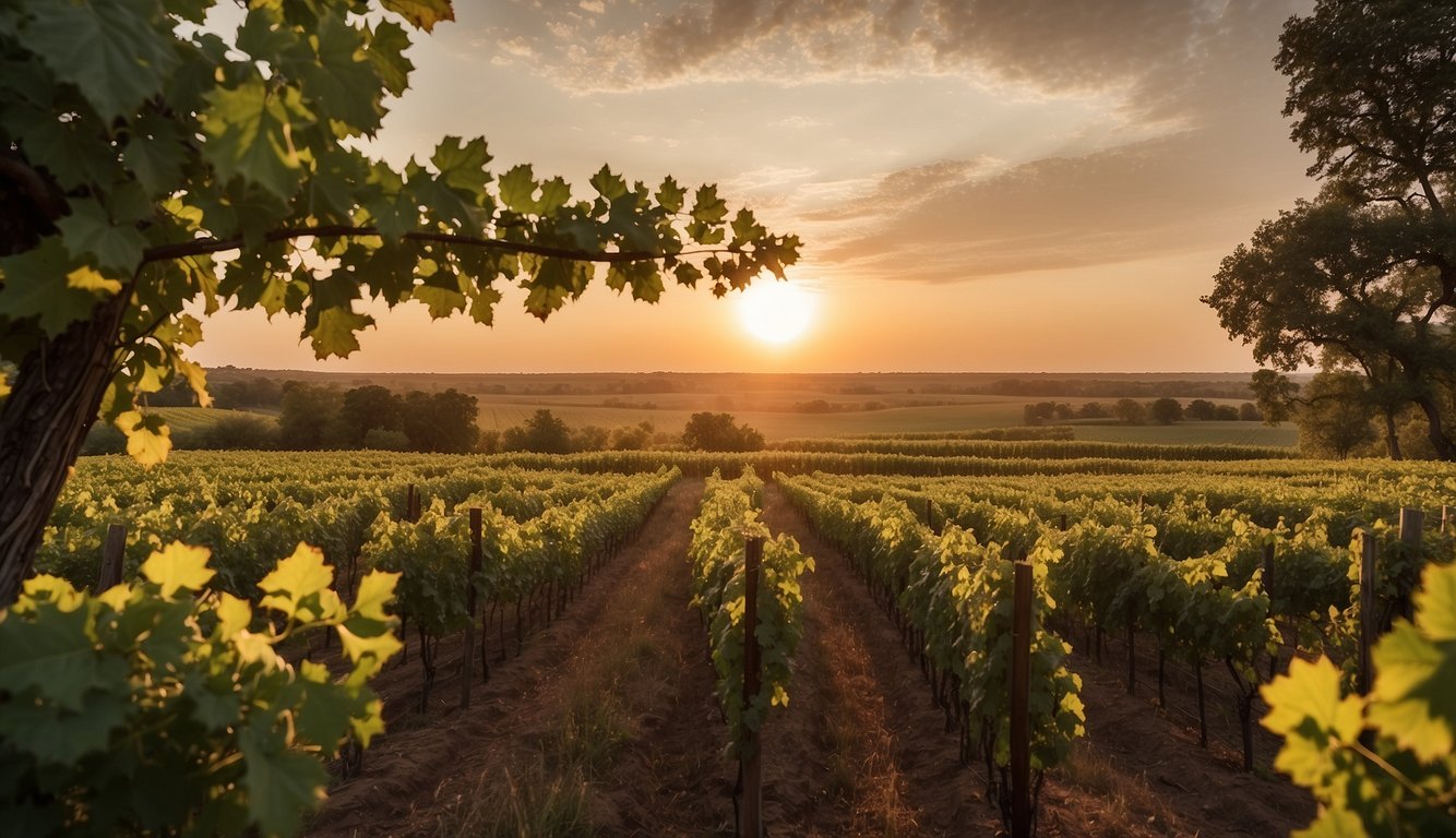 Sunset over rolling vineyards at Summerside Winery, Oklahoma's top 10. Lush green vines, rustic buildings, and a serene atmosphere