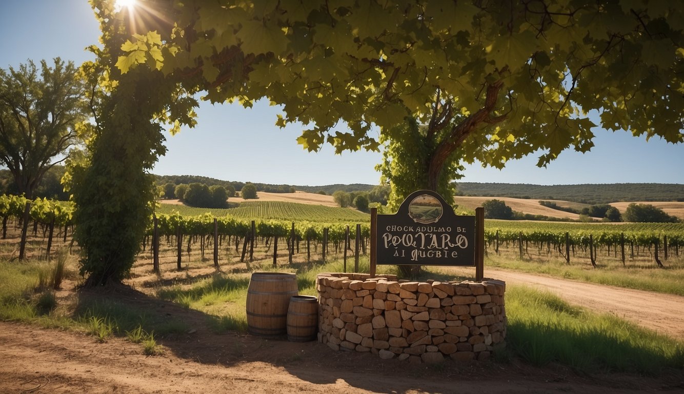 A picturesque winery surrounded by rolling vineyards in Oklahoma. The "Put a Cork in It" sign stands out against the lush green landscape