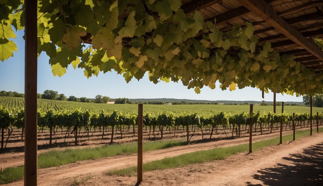 Lush green vineyards at Pecan Creek Winery, Oklahoma. Rows of grapevines stretch into the distance under a clear blue sky