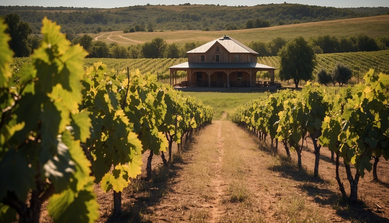 Lush vineyard rows at Canadian River Winery, Oklahoma. Rolling hills, grapevines, and a rustic winery building