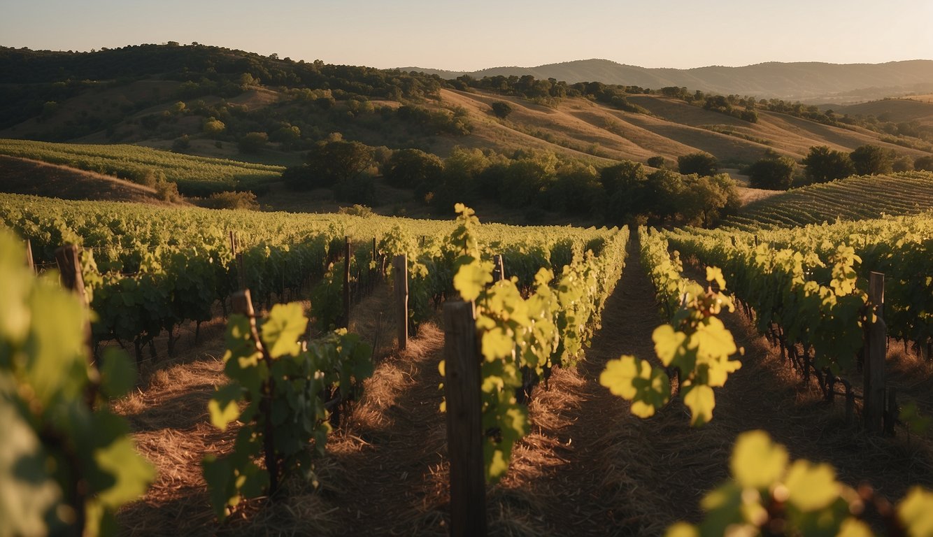 Lush vineyards spread across rolling hills, framed by a rustic winery. Vines heavy with plump grapes, basking in the warm Oklahoma sun