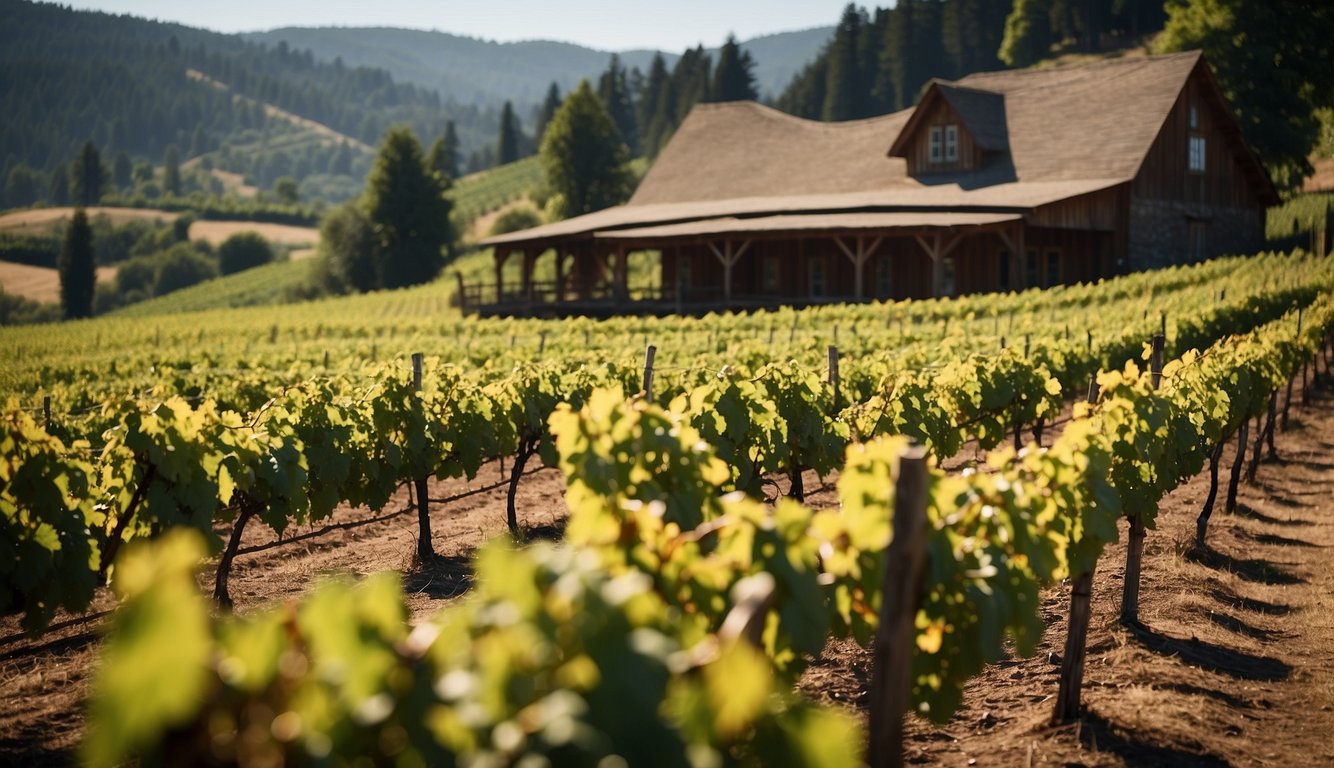 Lush vineyard rows at Pepper Bridge Winery, Washington. Rolling hills, vibrant grapevines, and a rustic winery building