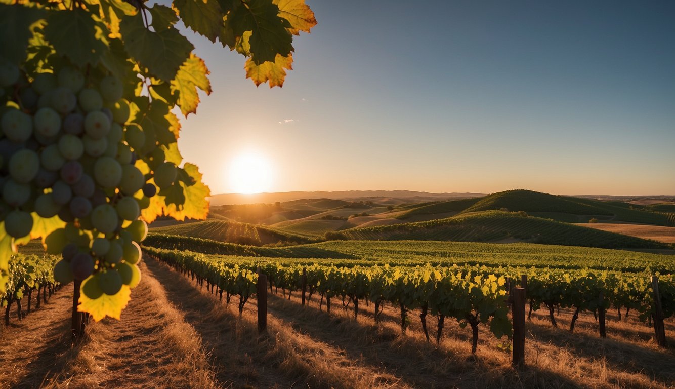 Lush grapevines cover rolling hills, with a backdrop of Oklahoma's vast open skies. The sun sets behind the vineyards, casting a warm glow over the picturesque landscape