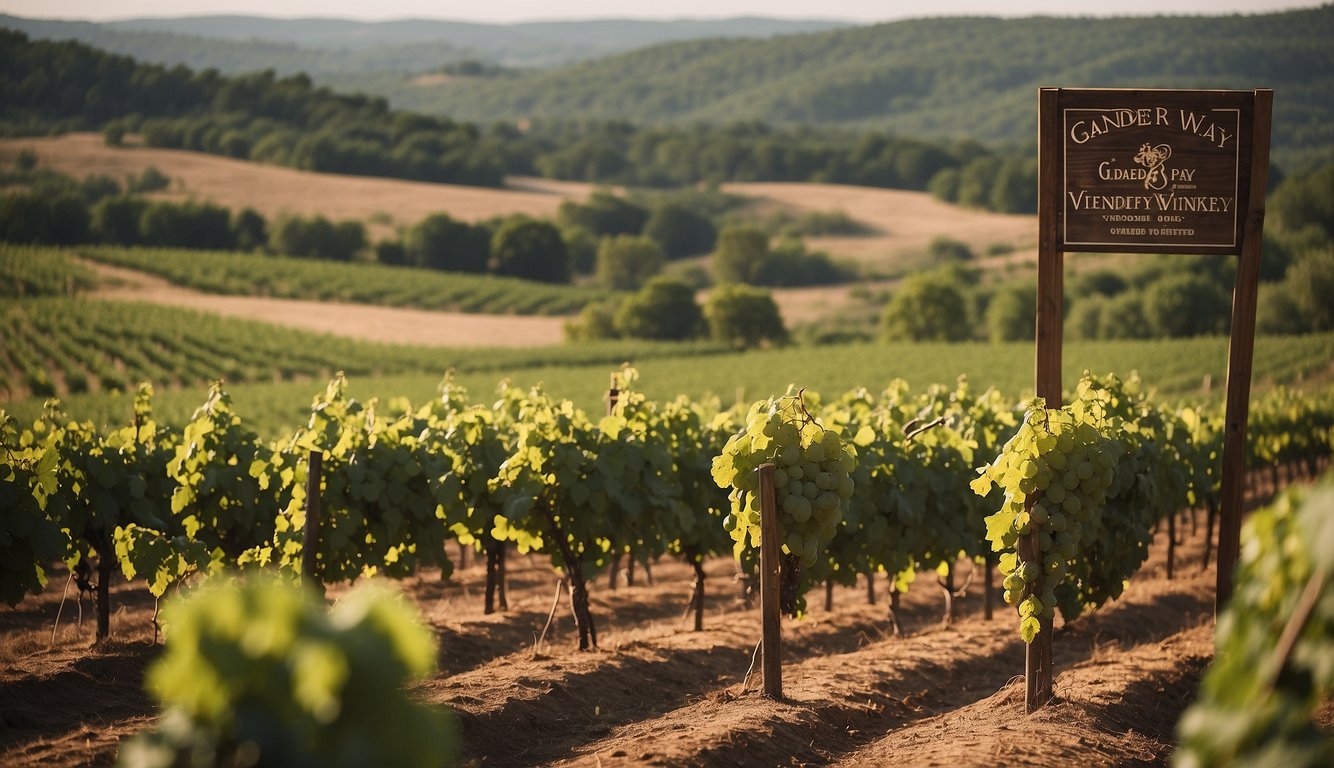 A picturesque vineyard with rolling hills, lush grapevines, and a charming winery nestled among the landscape. A sign proudly displays "Gander Way Vineyards and Winery - 10 Best vineyards in Oklahoma."