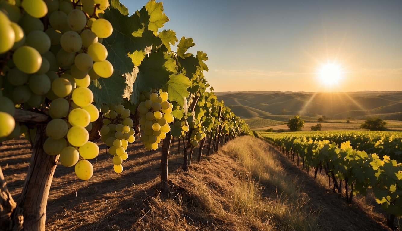 Lush vineyards sprawl across Oklahoma's rolling hills, showcasing a variety of grape species. The sun casts a warm glow over the vibrant green vines, as they thrive in the fertile soil