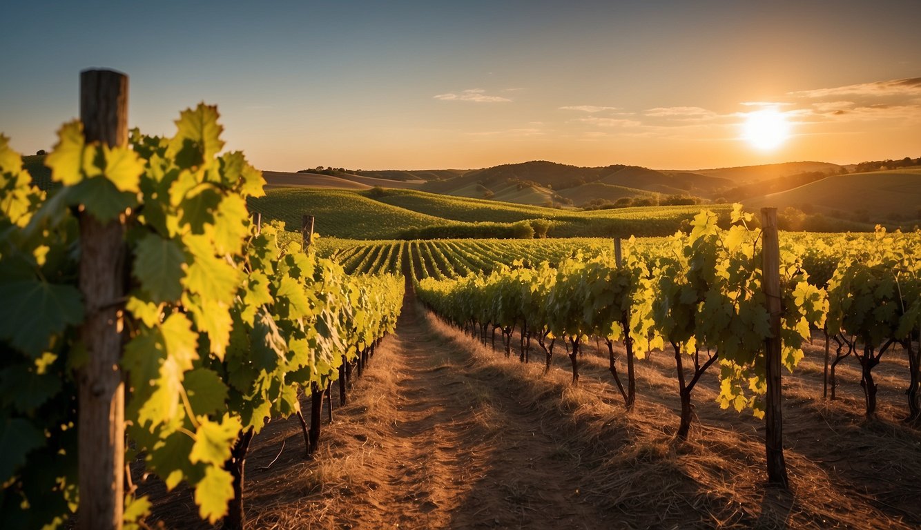 Lush vineyard rows at StableRidge, Oklahoma's top winery. Rolling hills and a warm, golden sunset create a picturesque scene