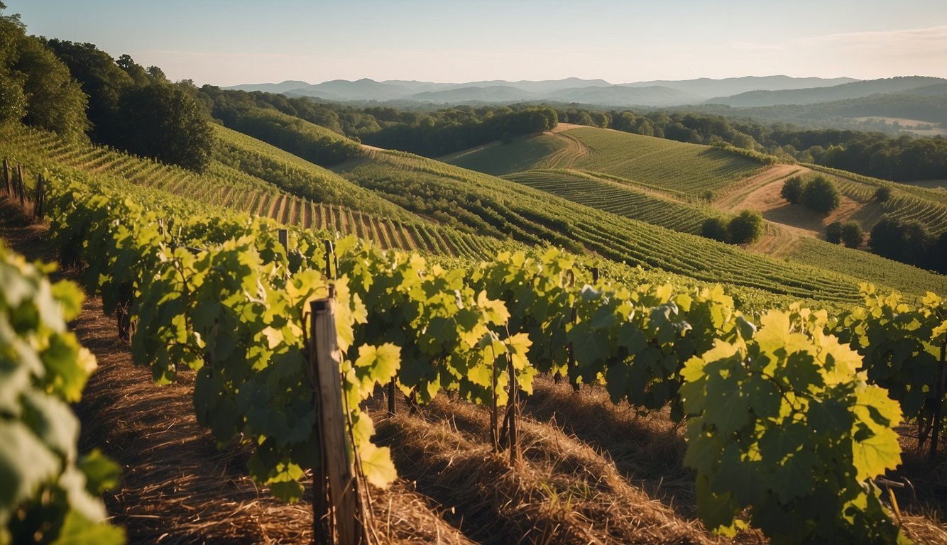 Lush green vineyards spread across rolling hills at Jefferson Vineyards, with rows of grapevines basking in the warm Virginia sun