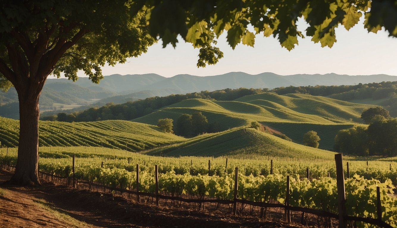 Lush green vineyards sprawl across rolling hills at Early Mountain Vineyards, nestled in the picturesque Virginia countryside