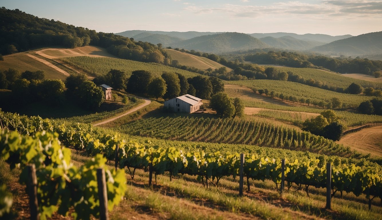 Rolling hills adorned with rows of lush grapevines, leading to a rustic winery nestled among the Virginia countryside