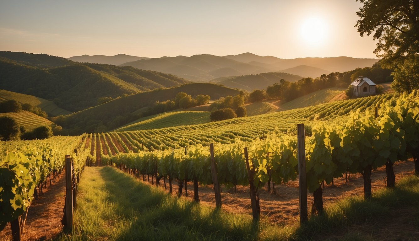 Lush vineyard rows stretch across rolling hills, leading to a rustic winery nestled among the greenery. A warm Virginia sun bathes the landscape in golden light