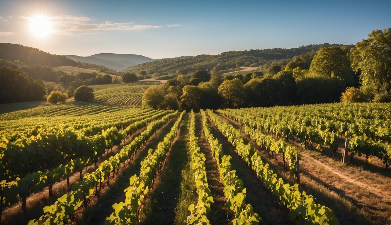 Lush green vineyard rows at Glen Manor, with rolling hills in the background. Sunlight casts a warm glow on the grapevines, creating a tranquil and picturesque scene