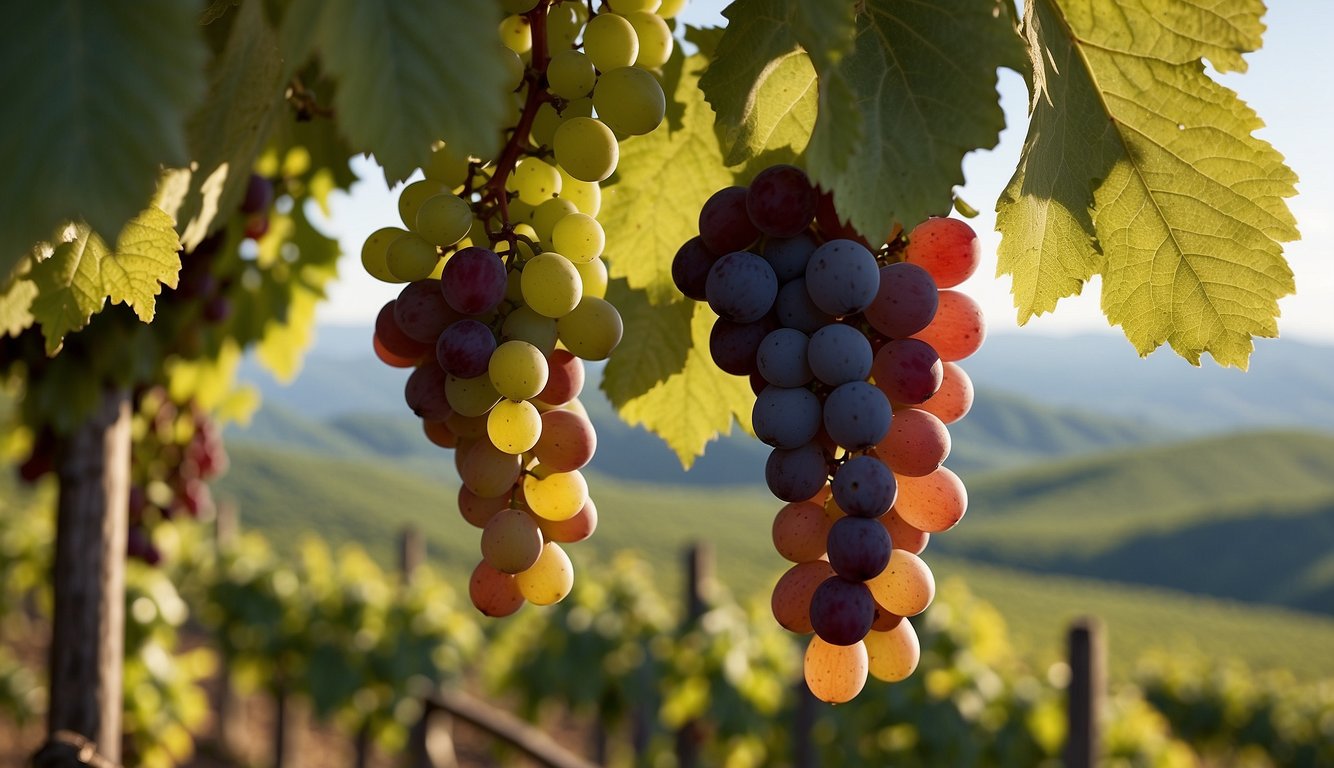 Rolling hills of vineyards, lush green vines, and elegant tasting rooms nestled in the countryside. Grapes glistening in the sunlight, with a backdrop of the Blue Ridge Mountains