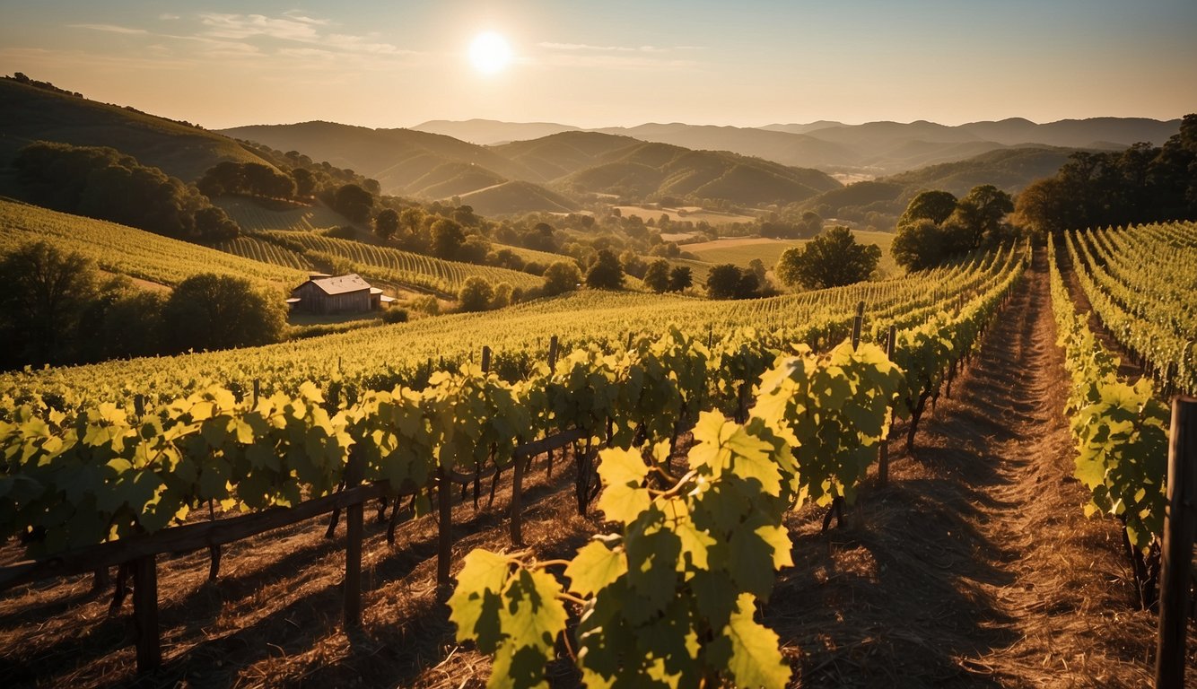 Lush vineyards sprawl across rolling hills, dappled in golden sunlight. Grapes hang heavy on the vines, promising a bountiful harvest. A historic winery stands in the distance, a testament to Virginia's rich winemaking