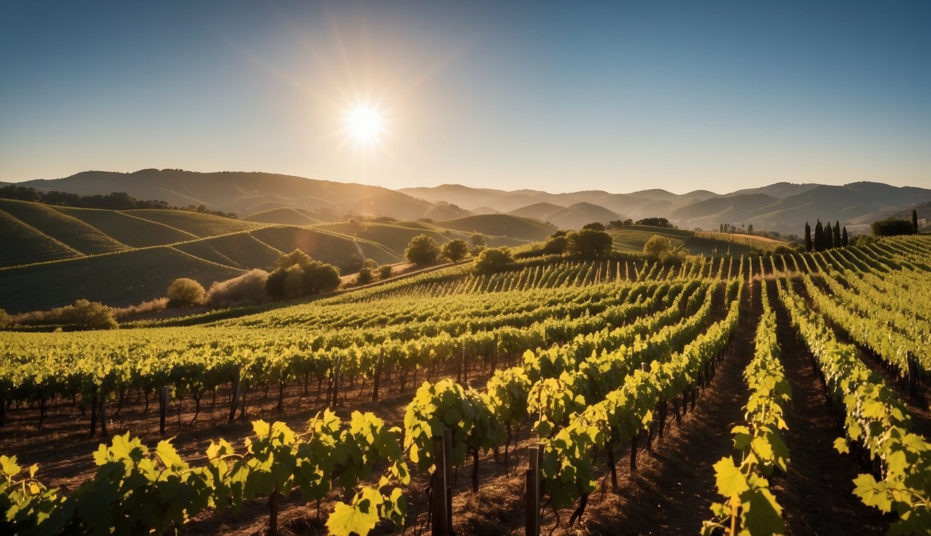 Rolling hills of vibrant green vineyards stretch into the distance, framed by a clear blue sky. The sun casts a warm glow over the rows of grapevines, and a charming winery stands in the background