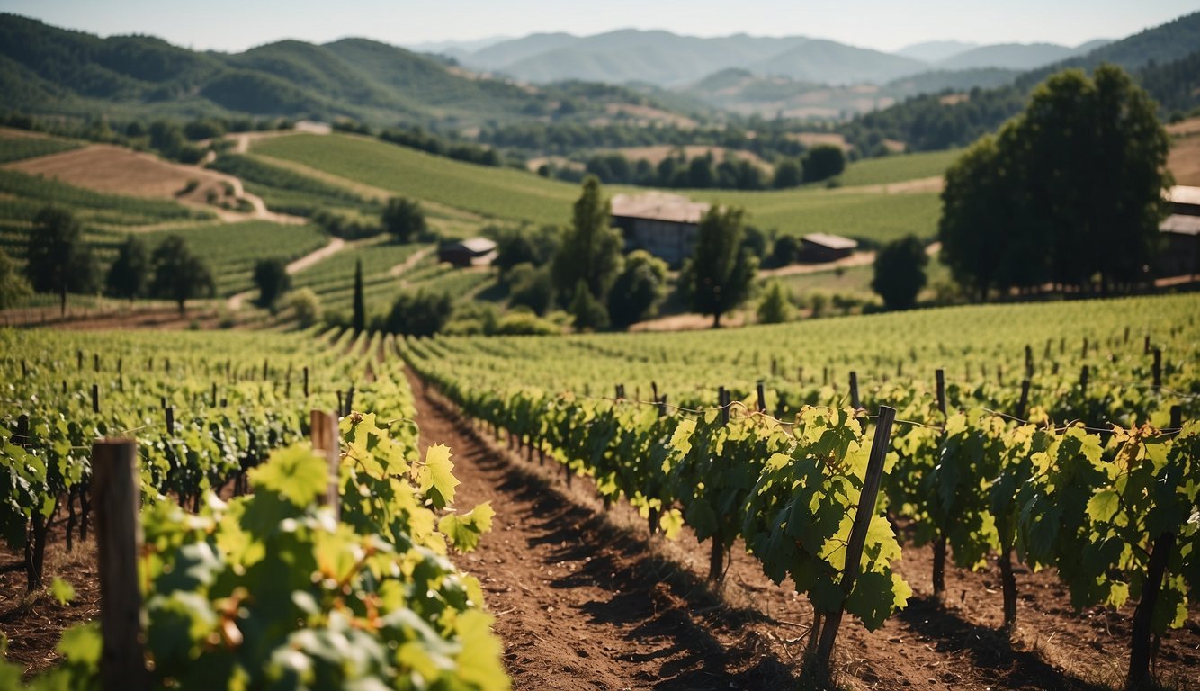 Lush green vineyard with rolling hills, neat rows of grapevines, and a rustic winery nestled in the background