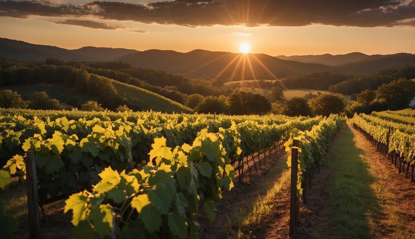 Lush green vineyards spread across rolling hills, with rows of grapevines stretching into the distance. A rustic winery stands at the center, surrounded by picturesque countryside