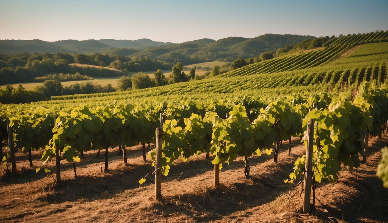 Lush green vineyards stretch across rolling hills at Morgan Creek Vineyards, with rows of grapevines basking in the warm Alabama sun