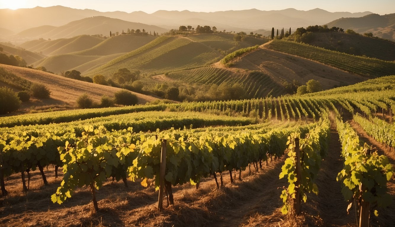 Lush vineyards spread across rolling hills, with rows of grapevines stretching into the distance. A warm sun casts a golden glow over the landscape, and a gentle breeze carries the sweet scent of ripening grapes