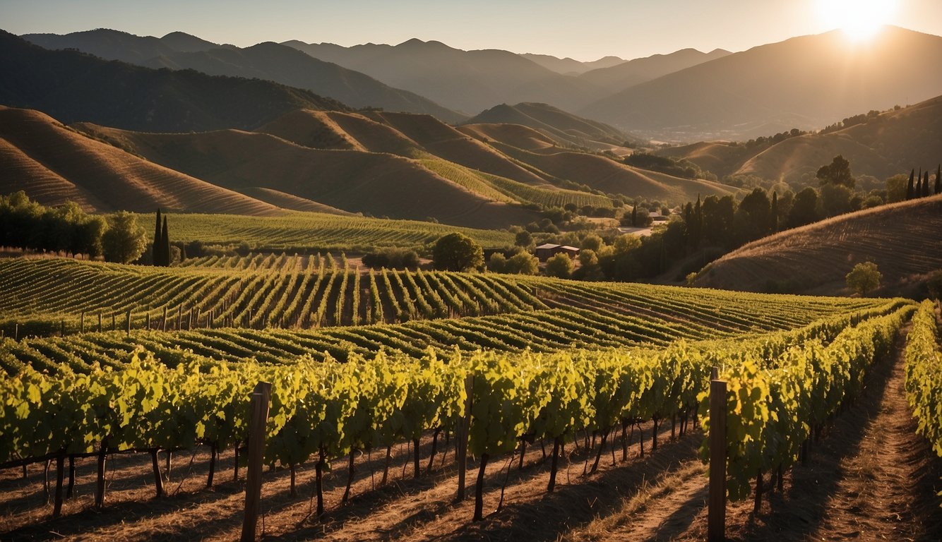 Lush vineyards sprawl across rolling hills, framed by a backdrop of rugged mountains. The sun casts a warm glow over the rows of grapevines, creating a picturesque scene at High Country Cellars