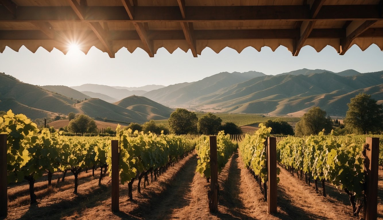 Lush vineyards with rows of grapevines, rolling hills, and a backdrop of mountains. Tasting room with elegant decor and barrels of aging wine