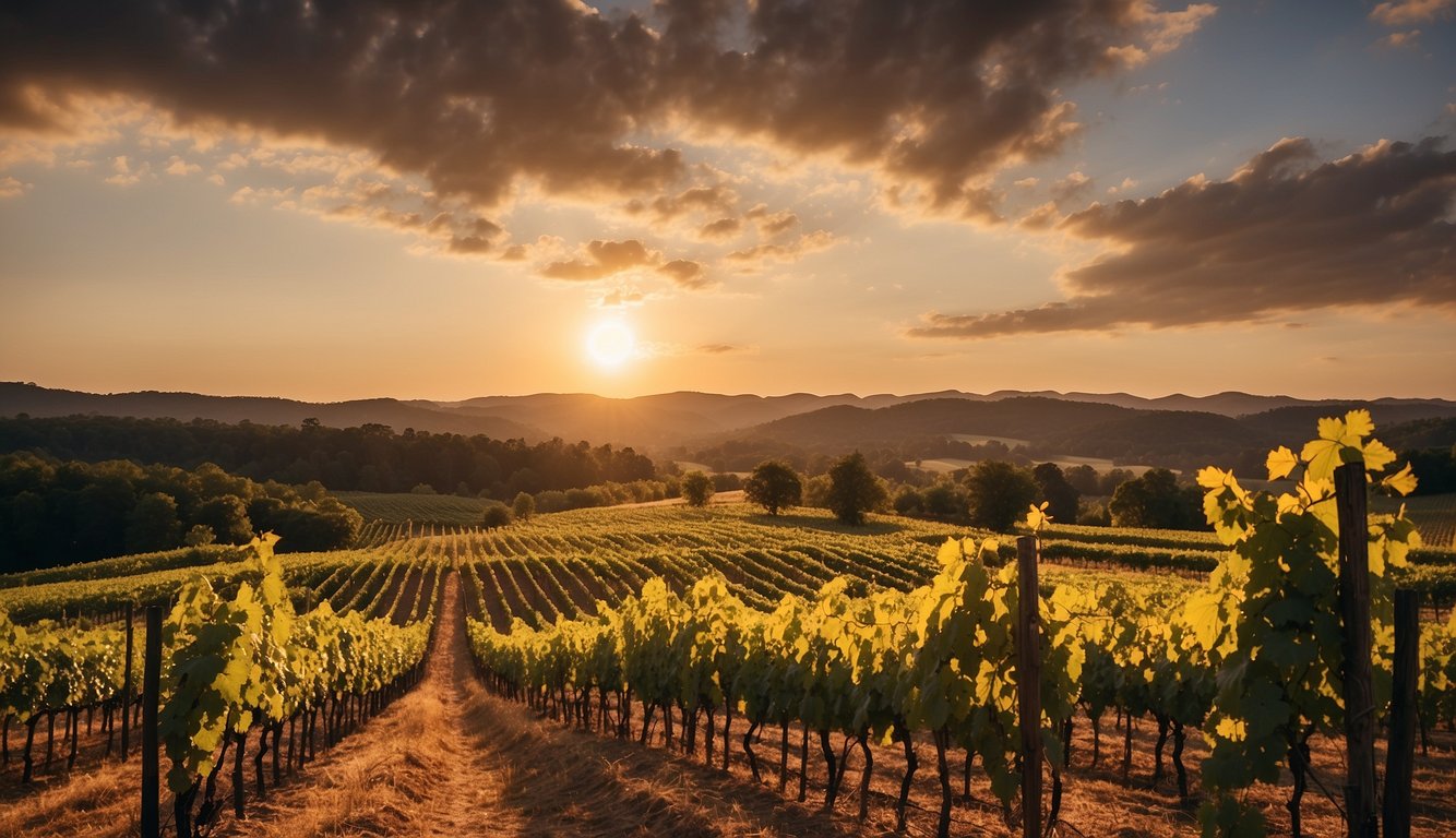 Rolling hills, lush grapevines, and charming wineries dot the Alabama countryside. A warm sun sets over the picturesque vineyards, casting a golden glow on the rows of vines