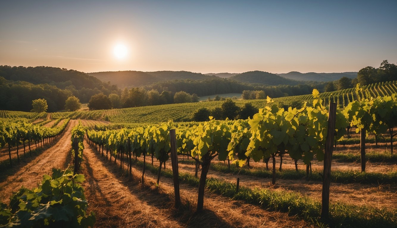 Lush green vineyards at Whippoorwill, Alabama. Rolling hills, grapevines in neat rows, and a rustic winery in the distance