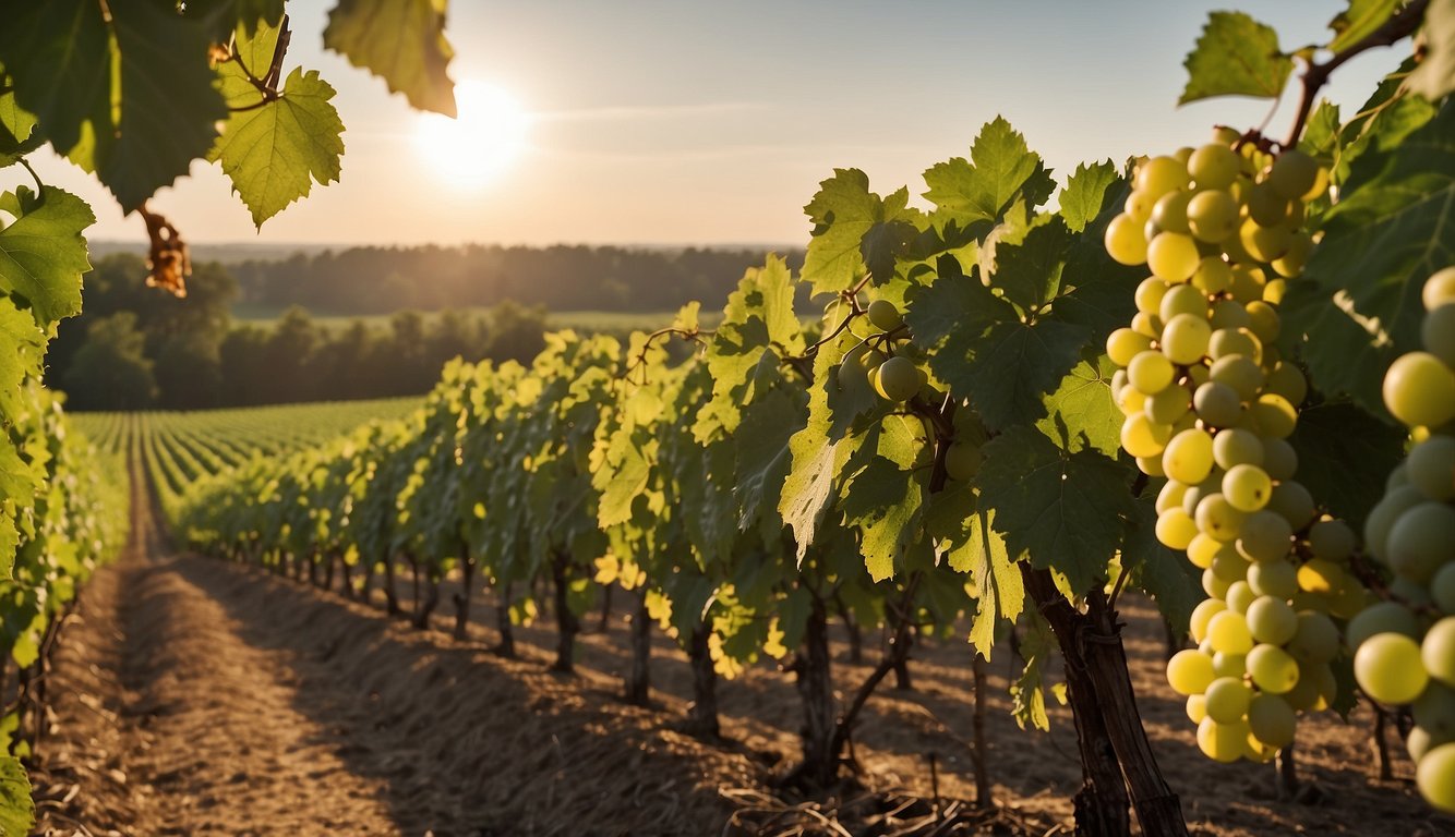 Rolling hills of vineyards in Alabama, with lush green vines stretching across the landscape. The sun shines down on the rows of grapevines, as a gentle breeze carries the sweet scent of ripening fruit