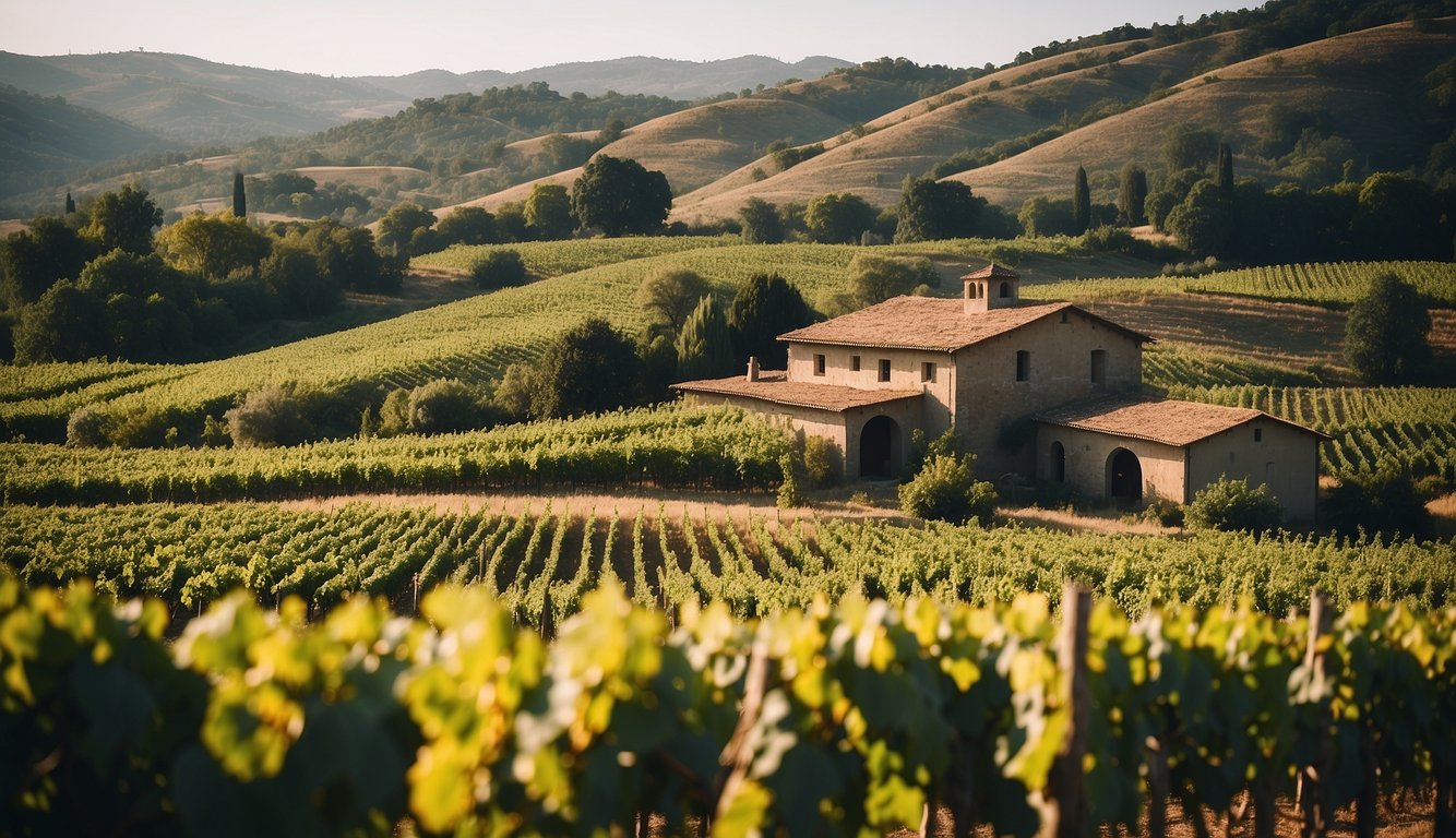 Lush vineyard with rolling hills, rows of grapevines, and a rustic winery building nestled among the greenery