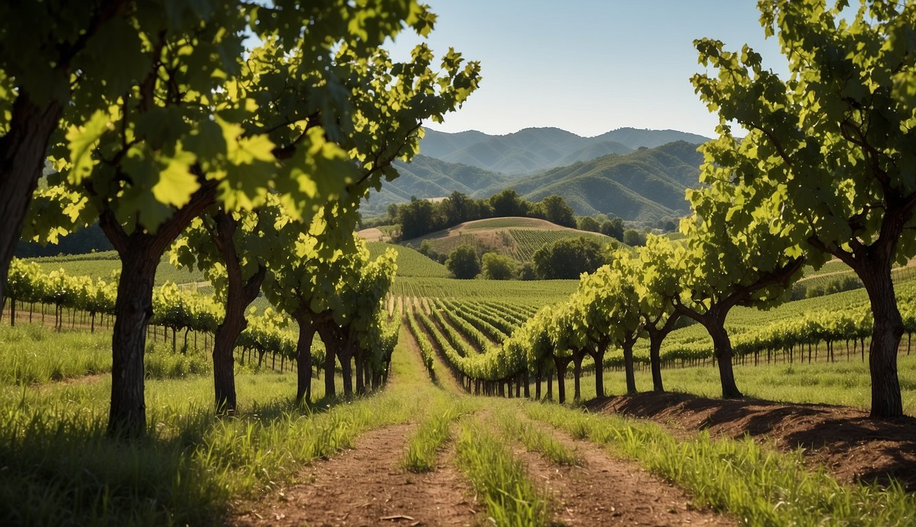 Lush green vineyards spread across rolling hills, framed by vibrant white oak trees