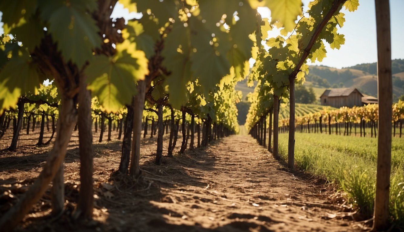 Vineyard landscape with rolling hills, rows of grapevines, and a rustic winery building in the background. Sunlight filters through the leaves, casting dappled shadows on the ground