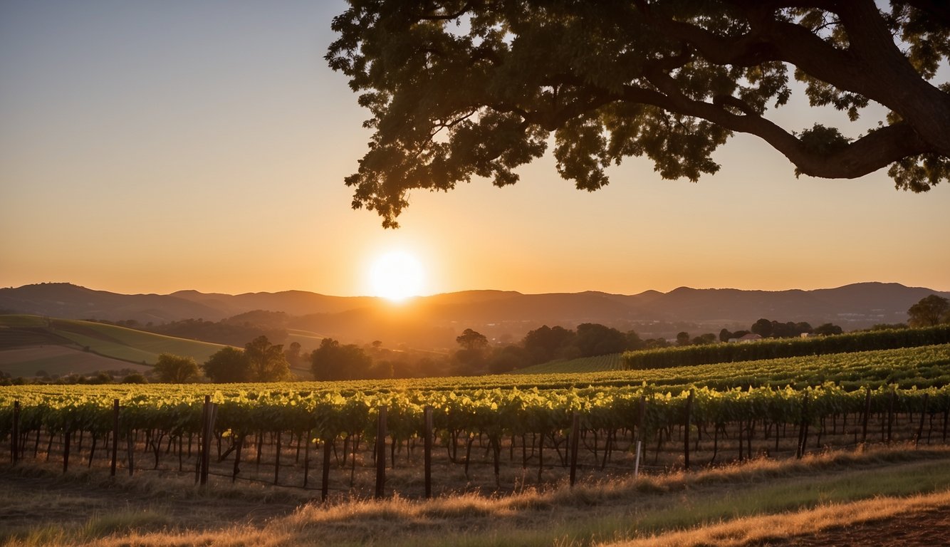 The sun sets behind the rolling hills, casting a warm glow on the Jean Farris Winery & Bistro. Lush vines stretch across the landscape, leading to the rustic, inviting building