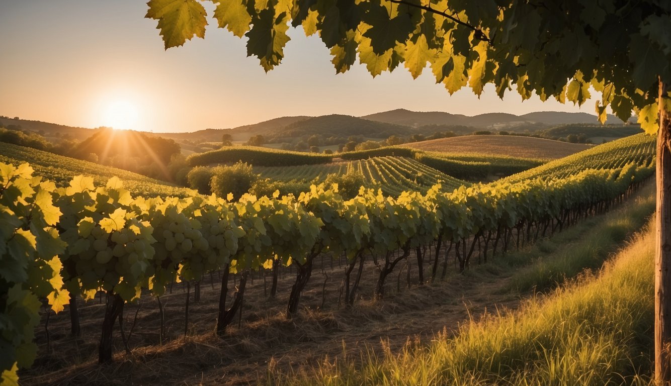 Rolling hills with rows of grapevines stretching into the distance. A rustic barn sits in the background, and the sun sets behind the lush greenery