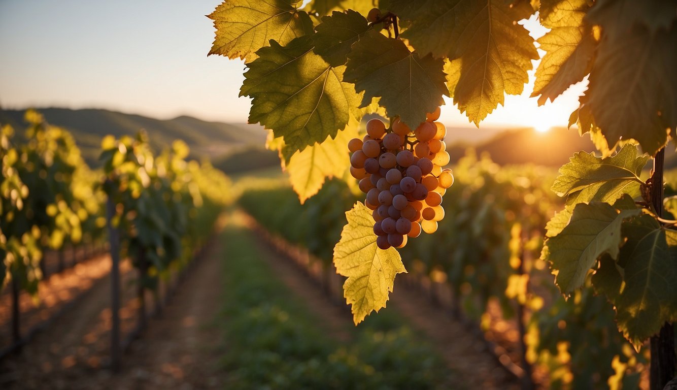 The sun sets over the rolling hills of StoneBrook Winery, casting a warm glow on the lush vineyards. The grapevines stretch out in neat rows, heavy with plump, ripe fruit, ready for harvest