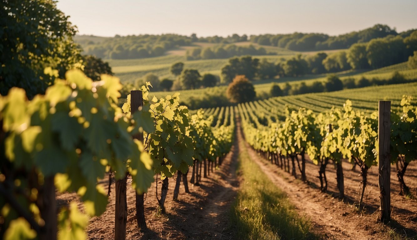 Rolling hills of vineyards stretch across the Illinois countryside, basking in the warm sunlight. Lush grapevines climb trellises, while quaint tasting rooms and rustic wineries dot the landscape