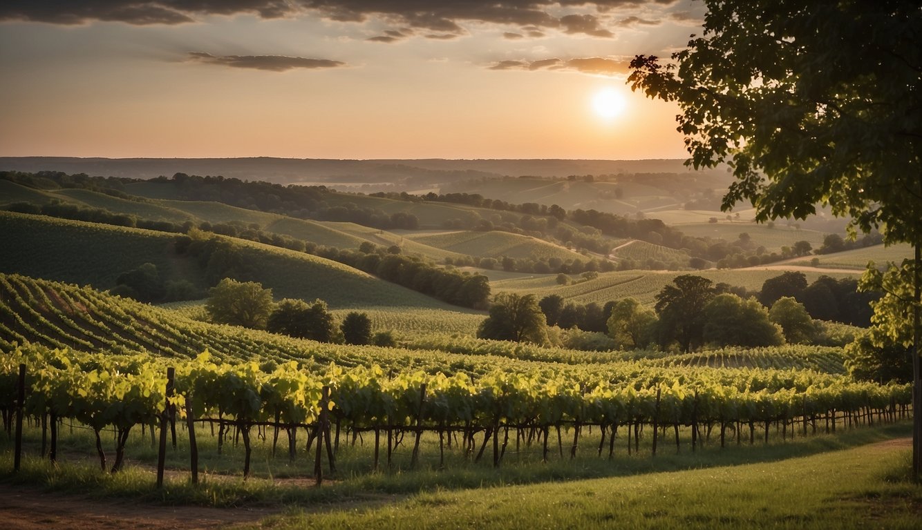 Lush vineyards sprawl across rolling hills at Spirit Knob Winery, one of Illinois' top 10 vineyards