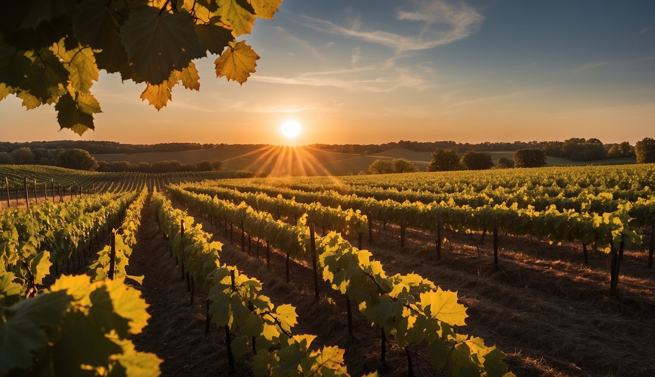 The sun sets over rolling vineyards at Lynfred Winery, one of Illinois' top 10. Rows of lush grapevines stretch towards the horizon, creating a picturesque scene for any illustrator to recreate