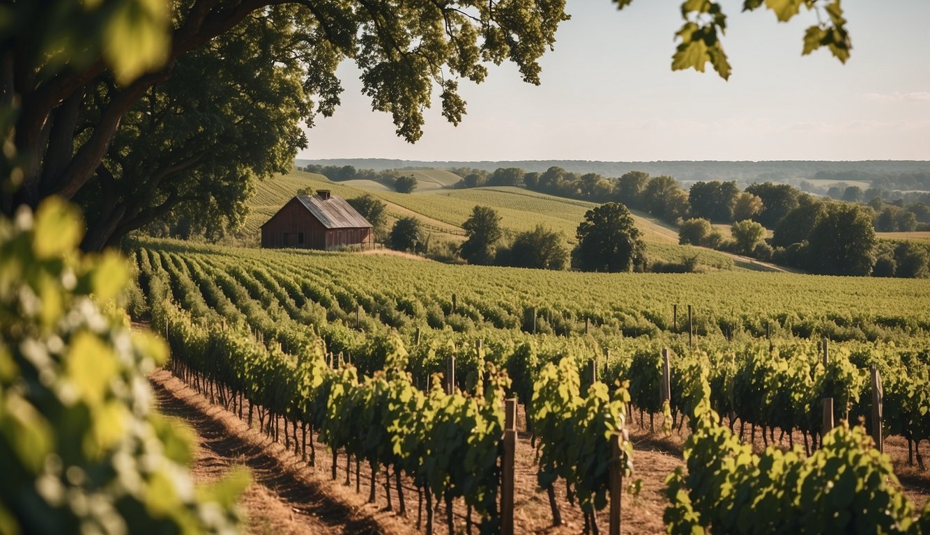 Rolling hills, lush vines, and a rustic winery nestled in the heart of Illinois. A serene and picturesque landscape, perfect for a vineyard illustration