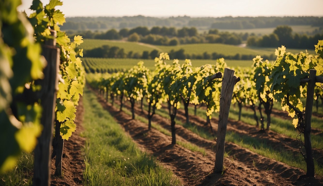 Lush vineyards sprawl across rolling Illinois countryside, rows of grapevines stretching towards the horizon. A rustic winery stands nestled among the vines, with a backdrop of serene, picturesque landscapes