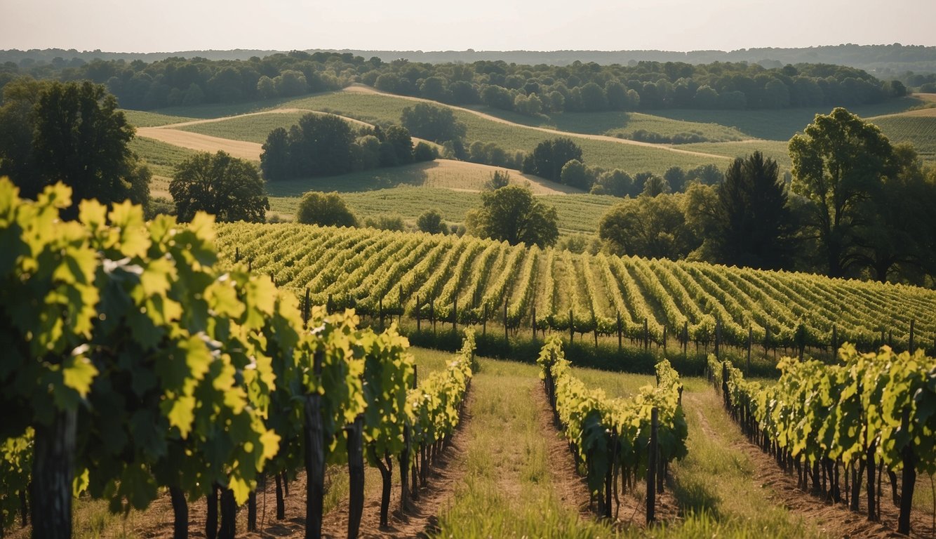 Lush green vineyards spread across rolling hills at August Hill Winery, one of Illinois' top 10 vineyards