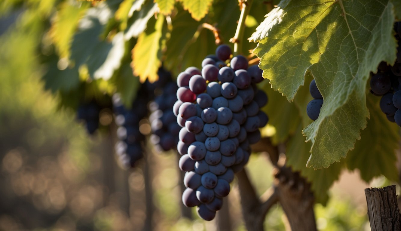 Vineyards in Illinois: Grapes being harvested, crushed, and fermented. Oak barrels aging wine. Vineyard workers tending to the vines. Wine production techniques