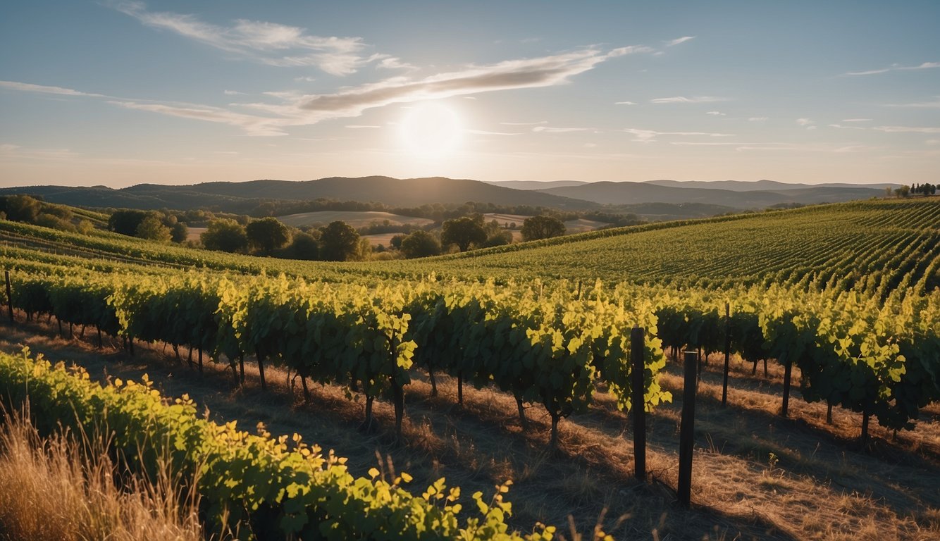 Lush vineyard with rolling hills, grapevines, and a rustic winery nestled in the scenic Mackinaw Valley