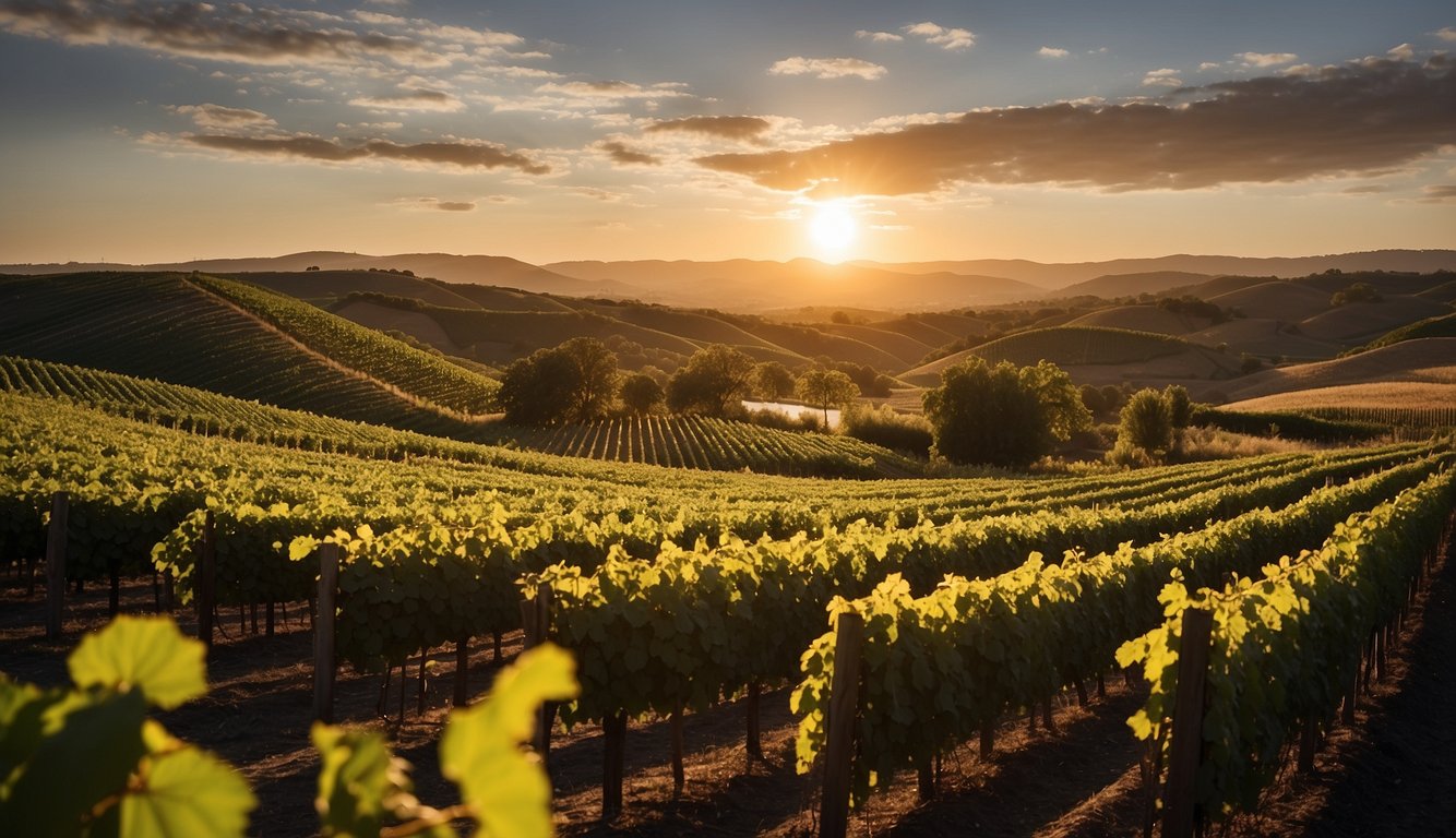 Lush vineyards surround Pheasant Hollow Winery, with rows of grapevines stretching into the distance. The sun sets behind the rolling hills, casting a warm glow over the picturesque landscape